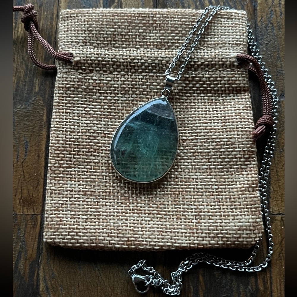 BrandNew Fluorite Pendant with Stainless Steel Chain Fluorite Necklace